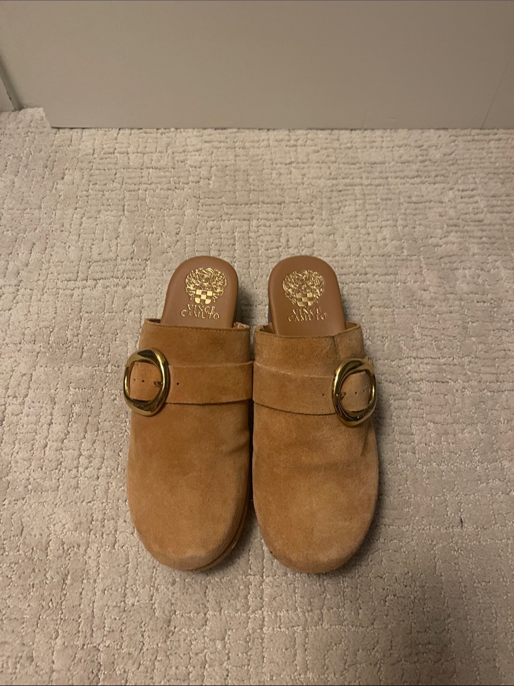 Vince Camuto Suede Clogs  with Gold Buckle